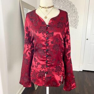 Red Black Paisley Satin Cheongsam Flare Button Up Blouse Top Plus Size 20W